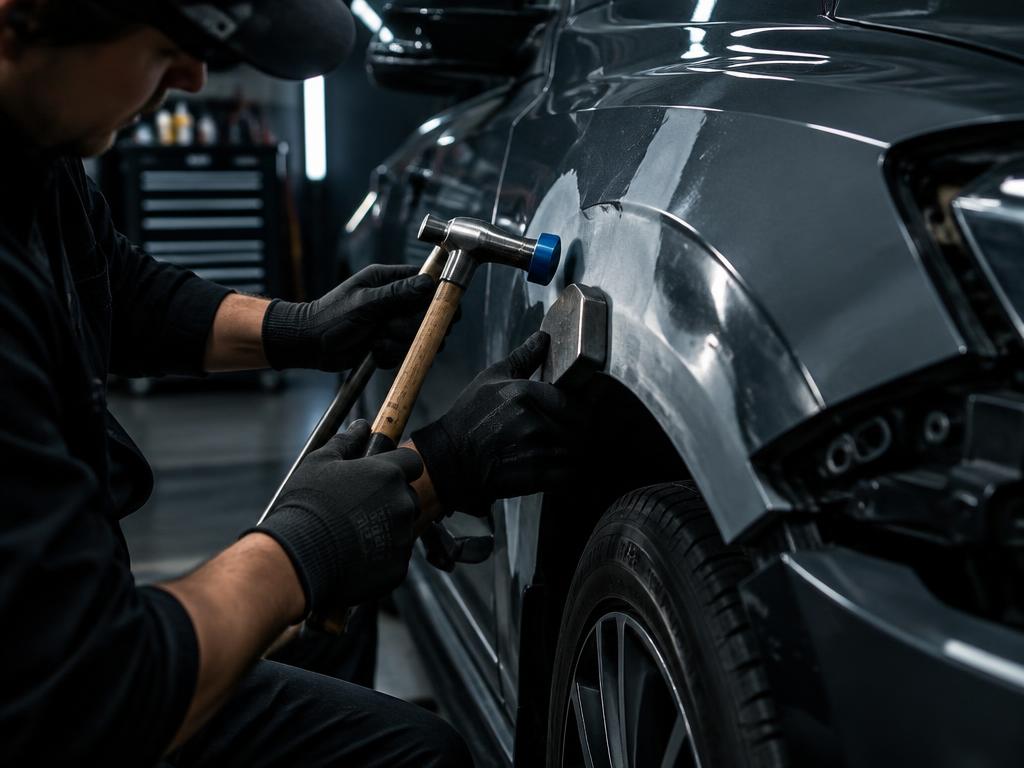Profissional realizando reparo de funilaria em um carro